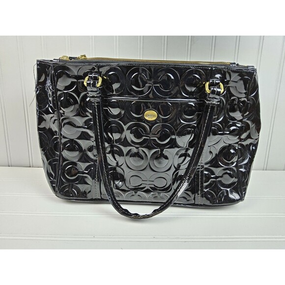Coach Peyton Op Art Embossed Patent Carryall Double Zip F24607 Handbag Purse - Picture 1 of 13